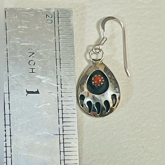 Native American Navajo Sterling Silver & Coral Bear Paw Dangle Earrings - - Picture 5 of 5